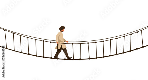 Balancing Act Man Walking on Rope Bridge Depicting Risk and Challenge