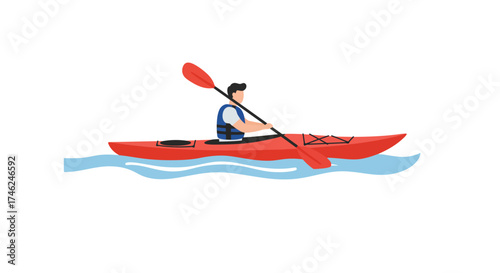 Kayaker Paddling a Red Kayak on Wavy Water Illustration