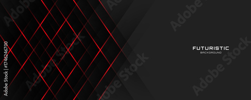 Futuristic dark abstract background with glowing red diagonal lines on black texture, modern technology geometric design for banner, poster, web template, digital presentation, and corporate backdrop