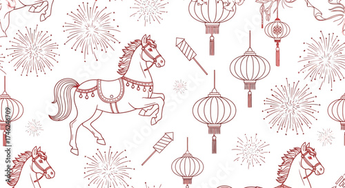 A celebratory seamless pattern with a line art carousel horse, Chinese lanterns, and fireworks on a white background.
