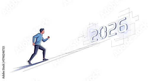 A man runs uphill towards the glowing digital numbers '2026', symbolizing future goals, progress, and the journey into the new year.