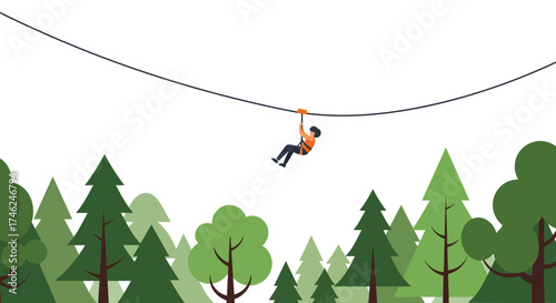 Adventure Seeker Ziplining Through Lush Green Forest Canopy