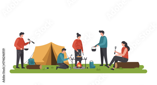 Campers enjoying a campfire cooking meal in a scenic outdoor setting, complete with a tent and lush greenery