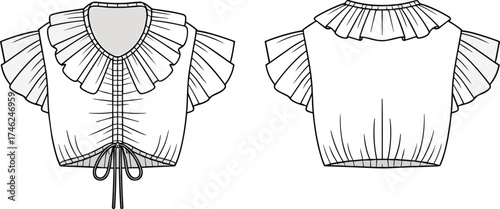Flat vector fashion sketch of ruffle sleeve cropped top with scoop neck, front drawstring detail, front and back technical illustration