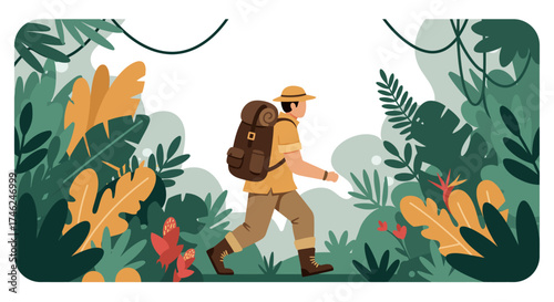 Explorer's Journey A Hiker's Adventure Through Lush Foliage in a Hand-Drawn Style