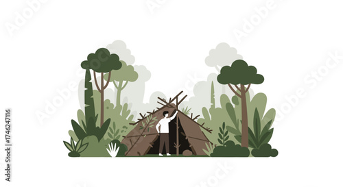 Building a Rustic Shelter  Nature Illustration of Survival and Adventure in the Woods