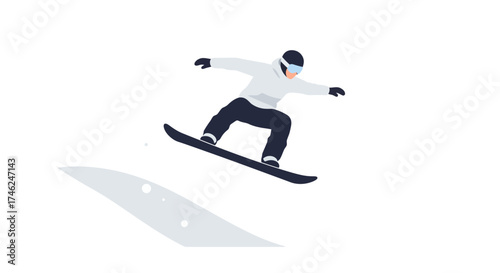 Snowboarder mid-air against a plain background, simple style illustration of a snowboarder performing a jump on a snowboard