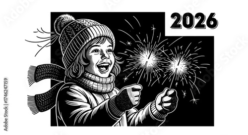 A joyful child in winter clothes celebrates the New Year 2026 with sparklers in a black and white illustration.