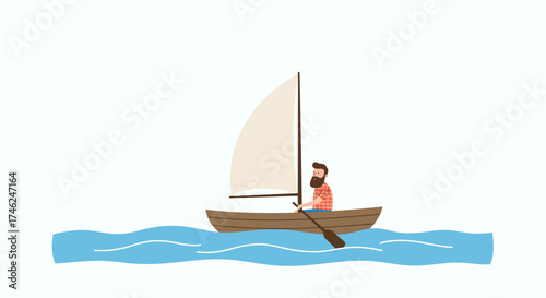 Sailboat Adventure Man Rowing on the Blue Sea