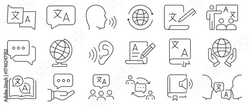 Language icon set. Translation and communication linear icon collection. Icon for translate, writing, speech, speaking, dictionary, text, communication, speech, talk and more. vector illustration.