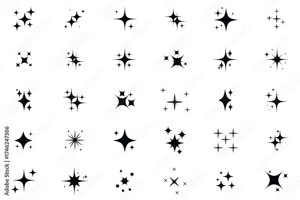 Naklejka premium Twinkling stars sparkles, stars and bursts icon. Glowing light effect, twinkle templates stars and bursts, shiny flash. Christmas vector symbols isolated. Stars sparkle doodles vector illustration.