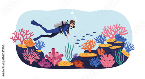 Diver Exploring Coral Reef with Vibrant Marine Life Illustration