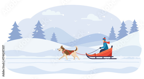 Dog sledding adventure Cartoon illustration of a winter scene with a person and a dog on a sled