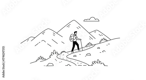 Line Art Trek A Solitary Hiker Ascends a Mountain Path, Embracing Nature and Adventure with Minimalism