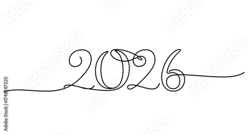 Elegant continuous one line drawing of the year 2026 on a white background.