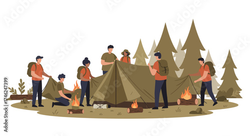 Group Camping Adventure Setting Up Tent Around Campfire in the Forest