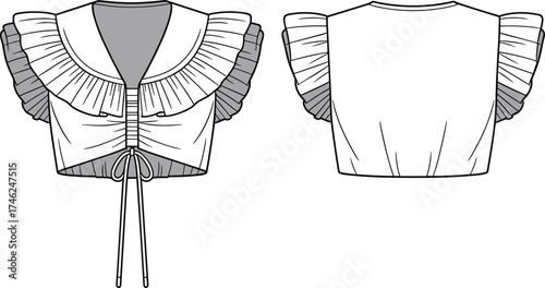 Flat vector fashion sketch of cropped ruffle sleeve top with V-neck, front tie, gathered bust, front and back technical view
