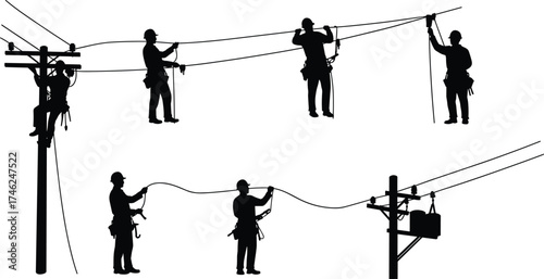 Silhouette, utility workers, power line maintenance, electrical safety, teamwork, linemen, climbing poles, repairing cables, electricity infrastructure, black and white, industrial illustration, 