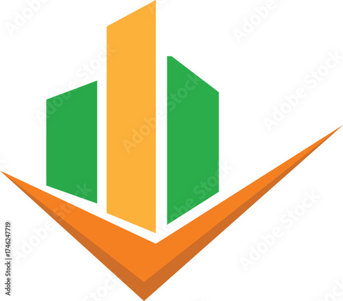 Modern Real Estate and Property Management Logo Design with Abstract Bar Chart Buildings, Green and Orange Colors, and a Confirm Check Mark for Finance, Construction, and Investment Branding