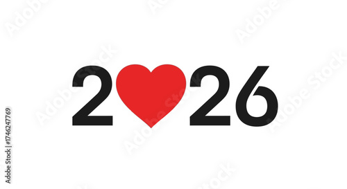 The year 2026 with a red heart symbol replacing the zero, representing love and hope for the new year.