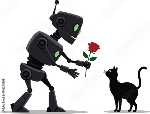 Friendly robot offering red rose to black cat, cute futuristic illustration showing love, kindness, emotion, and technology connection concept.