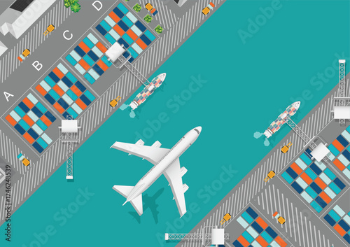 Aerial view of the freight shipping transport system cargo ship container.