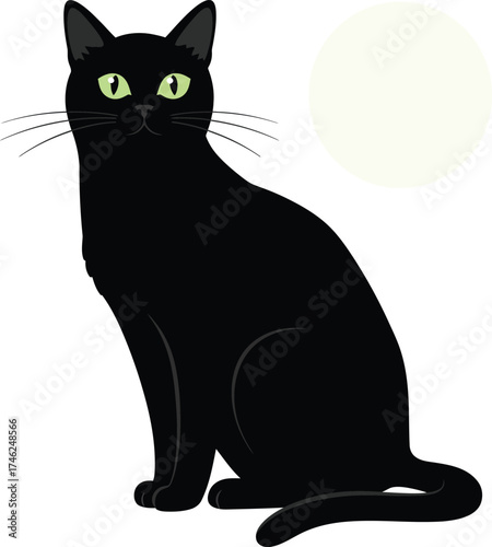 Mysterious black cat posing gracefully with bright green eyes near a soft yellow orb isolated on transparent background