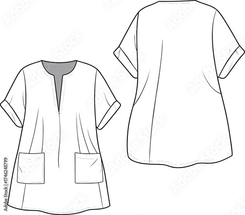 Flat vector cad sketch of women's tunic top with front neckline slit, patch pockets and short rolled sleeves, technical fashion illustration