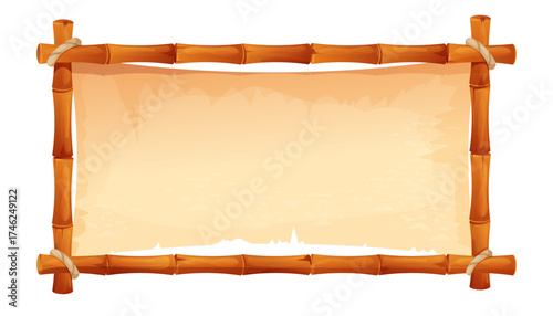 Bamboo frame with empty parchment, rope on corners. Themed projects game ui border, menu. Old paper textured, bamboo border.