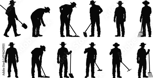 Cowboy farmer silhouettes, agriculture worker, rural labor, farming tools, shovel, rake, hoe, pitchfork, gardening, countryside lifestyle, cad drawing flat vector illustration