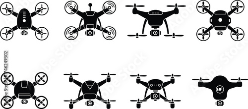 Drone silhouette, quadcopter vector, aerial photography design, unmanned aircraft illustration, flying drone icon, modern technology, surveillance device, aviation graphic, camera drone, UAV