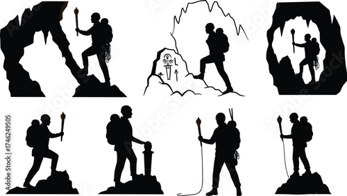 Silhouettes of explorers, in caves, holding torches, climbing, hiking, examining artifacts, for adventure, exploration, archaeology, and ancient discovery concepts