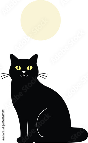 Mysterious black cat sitting beneath a pale full moon icon simple art isolated on transparent background