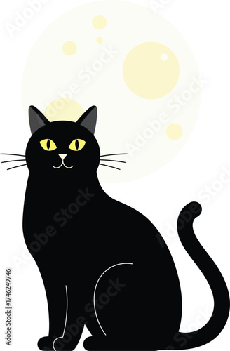 Mysterious black cat sitting silently under the pale moonlight for halloween themed designs isolated on transparent background