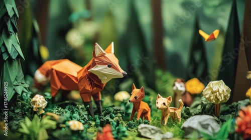 Intricate Origami Family in a Whimsical Paper Forest Diorama, Showcasing Detailed Paper Craft and Artistic Folding Techniques