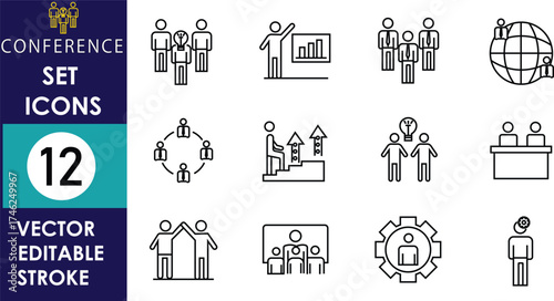 A professional set of twelve conference line icons showing teamwork, leadership, presentation, communication, global connection, business growth, and collaboration, created in clean vector 
