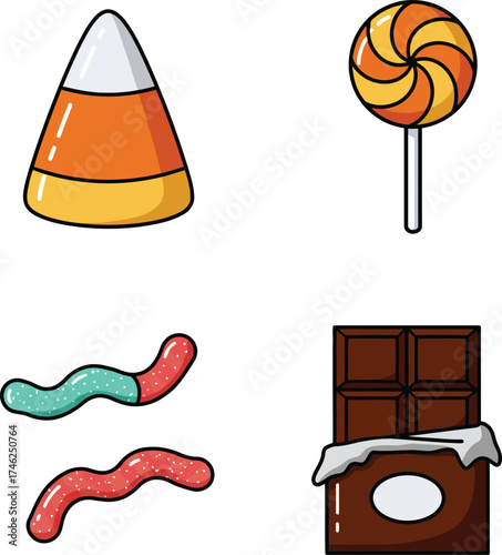 Collection of four fun halloween candies including candy corn gummy worms lollipop and chocolate bar isolated on transparent background