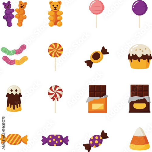 Sweet assortment of colorful candies and treats for festive occasions and desserts isolated on transparent background