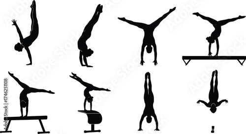 Silhouettes of gymnasts performing handstands, balance beam, pommel horse, acrobatics, strength, flexibility, artistic gymnastics poses