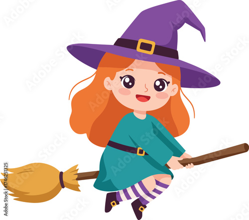 Cute cartoon witch flying on a broomstick with orange hair and purple hat perfect for halloween celebrations isolated on transparent background