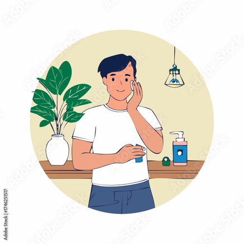 Young man applying moisturizing cream to his face for his daily skincare routine in a flat vector illustration.
