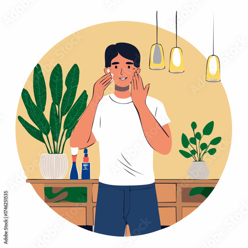 A young man applying face cream or moisturizer as part of his daily skincare routine in a cozy, plant-filled room.