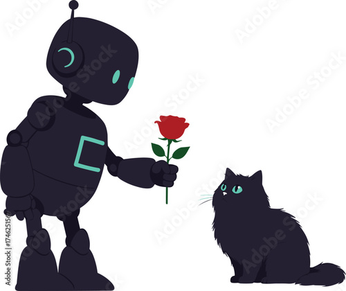 Cute robot giving red rose flower to black cat, futuristic friendship illustration showing love, kindness, technology and adorable emotional connection.