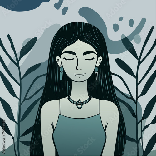 Stylized illustration of a serene woman with closed eyes and long dark hair, surrounded by abstract botanical elements.