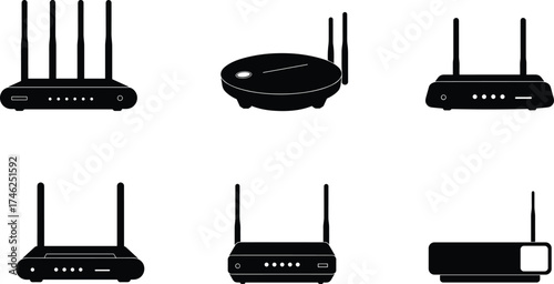 Router silhouette, wifi modem vector, wireless internet device, network equipment icon, technology illustration, broadband connection, antenna design, digital communication, home networking, signal