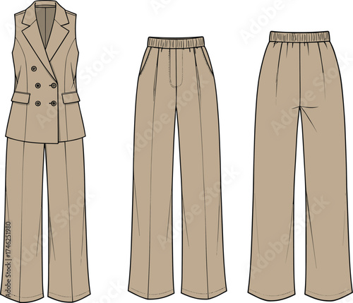 Flat vector CAD drawing of women's formal two-piece suit set, sleeveless blazer with wide-leg pants, front and back views shown