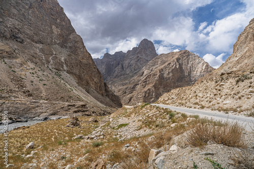 Colorful mountain landscape view of Panj river valley in summer, Rushan, Gorno-Badakhshan, Tajikistan Pamir