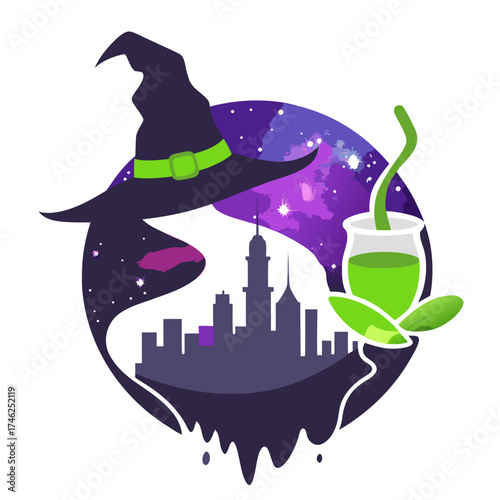 Vector art of witch hat and potion over a city skyline at night