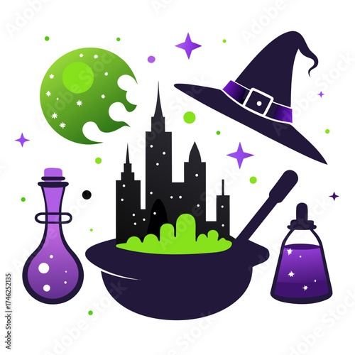 Vector art of witchs cauldron with potion and spell ingredients