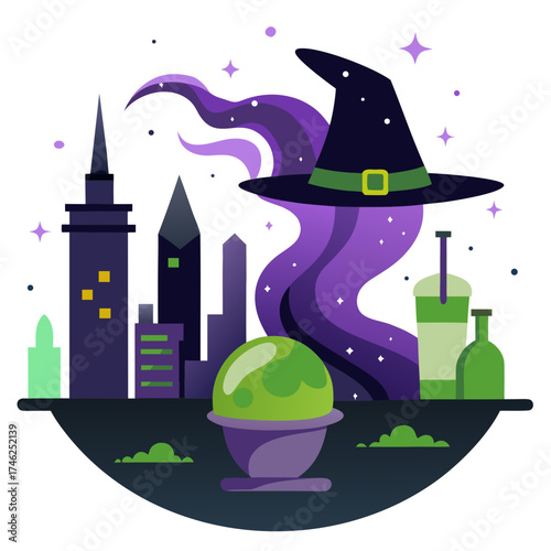 Vector art of witch hat with swirling magic and cityscape